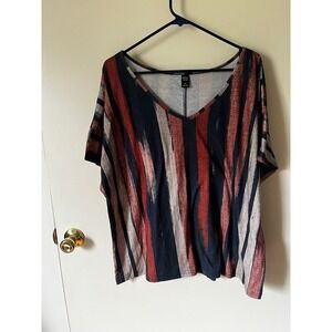 Emery Rose Womens 2XL V-Neck Striped Dolman Sleeve Top Navy Red Tan Blouse